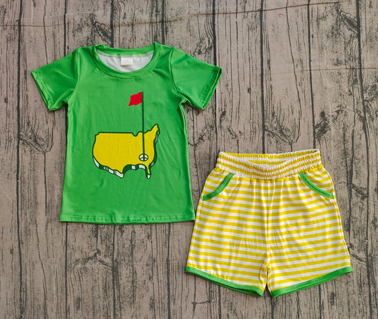 12.11 BSSO1673 Sample No Moq Baby Boys Green Golf Flags Top Pockets Stripe Shorts Clothes Sets