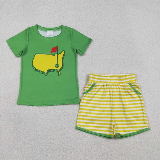 1.6 RTS NO MOQ （In stock）BSSO1673 Baby Boys Green Golf Flags Top Pockets Stripe Shorts Clothes Sets