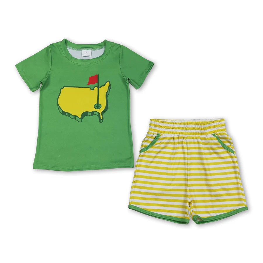 RTS Sibling Baby Boys Girls Green Stripes Golf Shirts Pockets Shorts Clothes Set