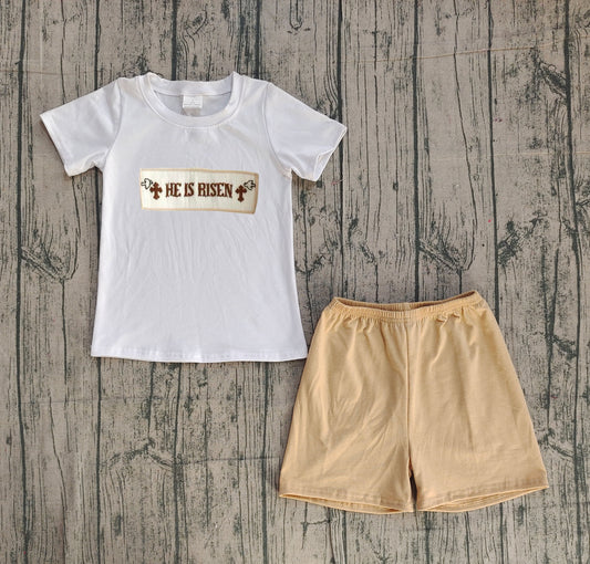 11.29 BSSO1674 Sample No Moq Embroidery Crosses He is Risen Baby Boys Top Shorts Easter Clothes Sets