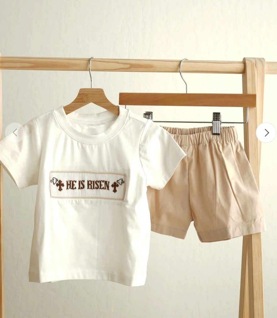 11.14 BSSO1674 Pre order No Moq Baby Boys Crosses He is Risen Top Shorts Easter Clothes Sets