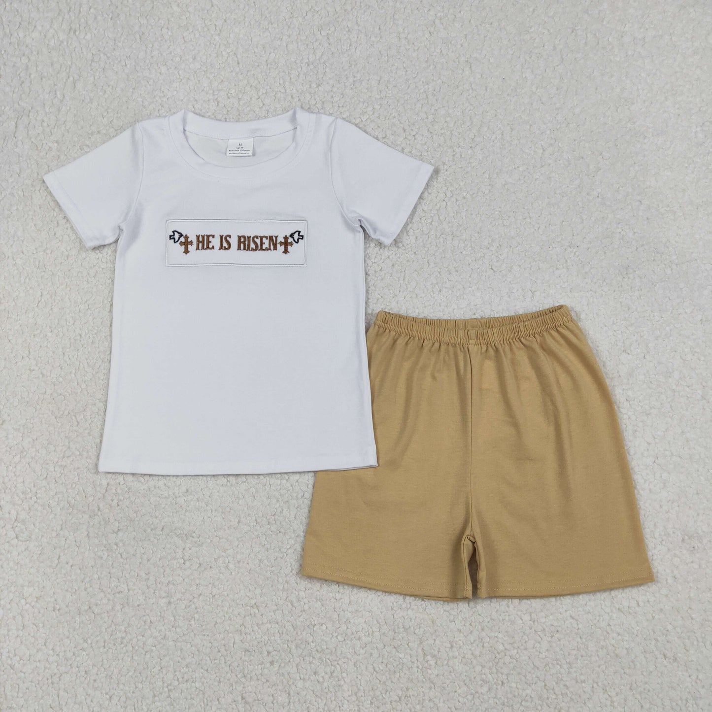 12.24 RTS NO MOQ （In stock）BSSO1674 Embroidery Crosses He is Risen Baby Boys Top Shorts Easter Clothes Sets