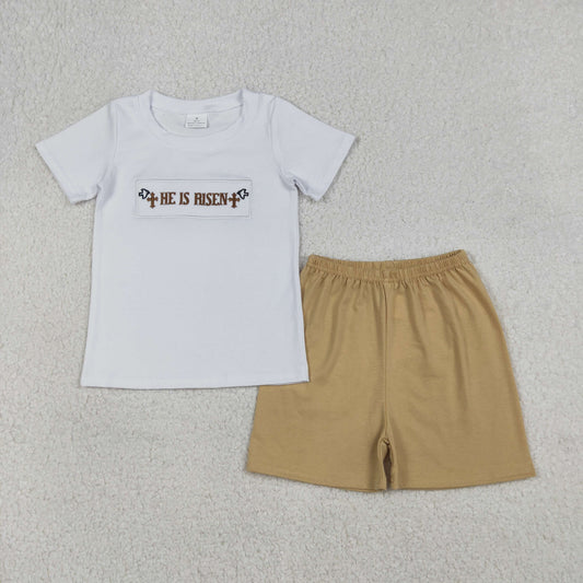 12.24 RTS NO MOQ （In stock）BSSO1674 Embroidery Crosses He is Risen Baby Boys Top Shorts Easter Clothes Sets