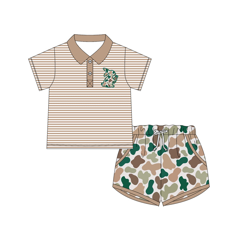11.14 BSSO1675 Pre order No Moq Baby Boys Khaki Stripe Camo Rabbit Button Top Pockets Shorts Easter Clothes Sets