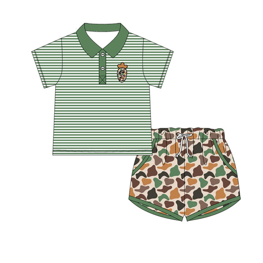 11.14 BSSO1678 Pre order No Moq Baby Boys Green Stripe Camo Eggs Button Top Pockets Shorts Easter Clothes Sets