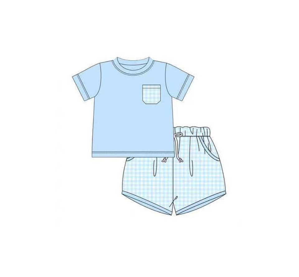 11.14 BSSO1683 Pre order No Moq Baby Boys Blue Shorts Sleeve Checked Pockets Clothes Sets