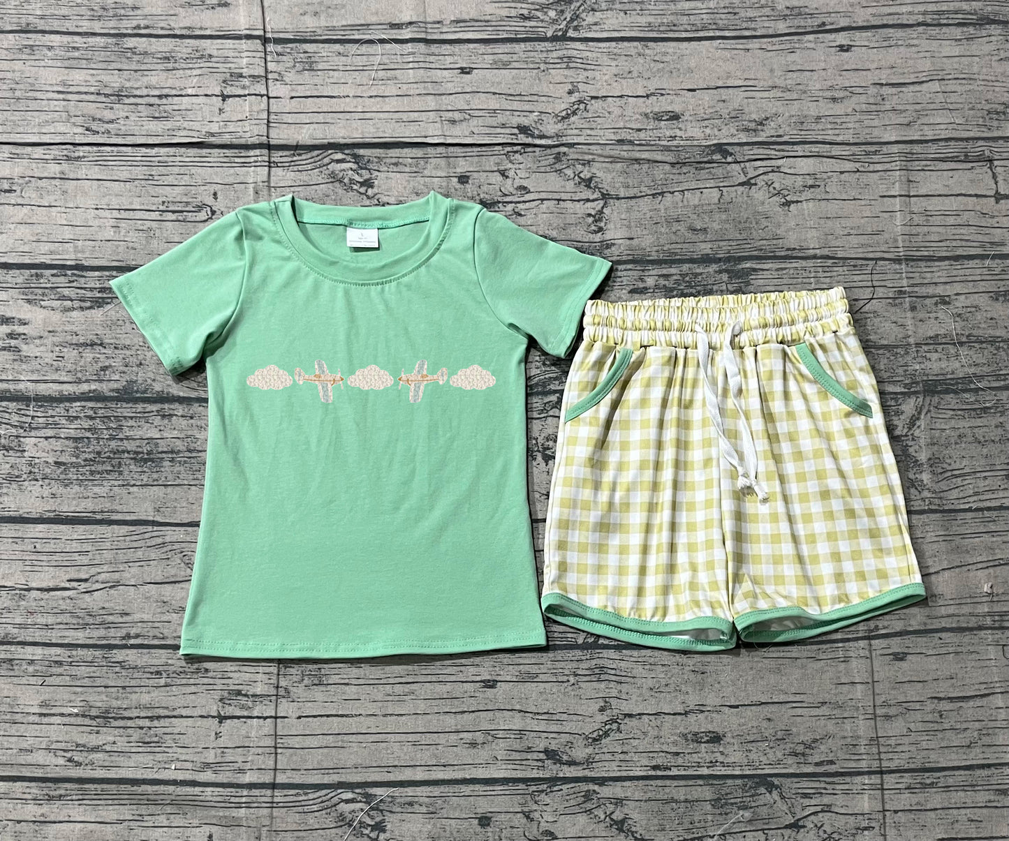1.14 BSSO1684 Sample No Moq Embroidery Air Planes Baby Boys Top Checked Pockets Clothes Sets