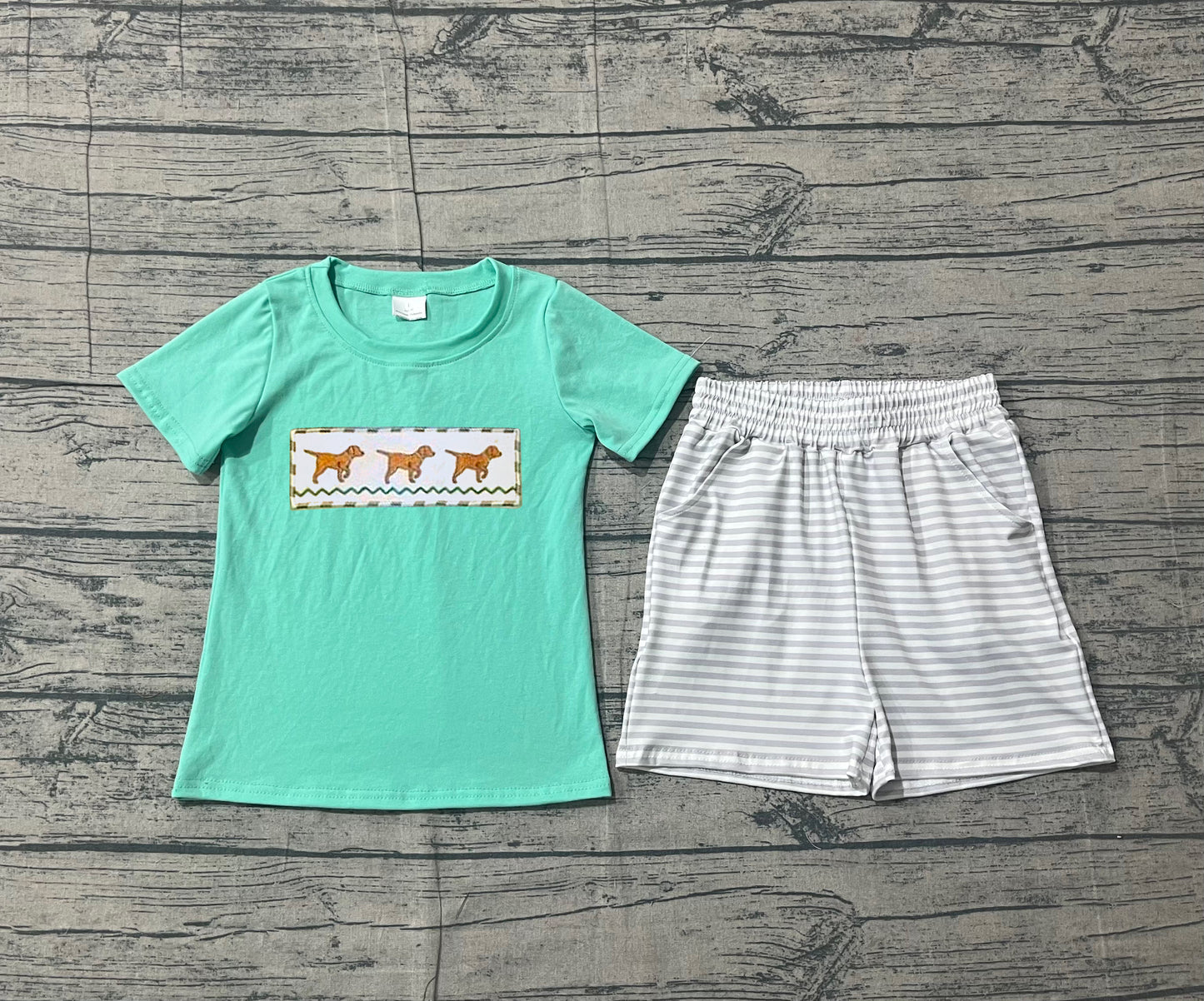 12.24 BSSO1688 Sample No Moq Embroidery Dogs Baby Boys Top Stripe Pockets Shorts Hunting Clothes Sets