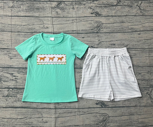 12.24 BSSO1688 Sample No Moq Embroidery Dogs Baby Boys Top Stripe Pockets Shorts Hunting Clothes Sets