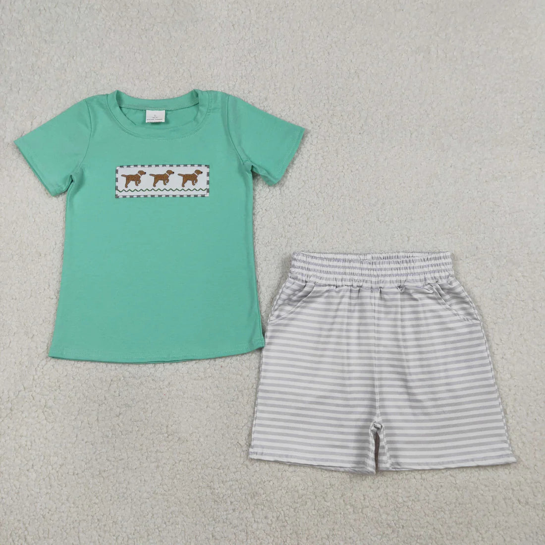1.21 RTS Sibling Baby Boys Embroidery Dogs Top Pockets Stripe Shorts Hunting Clothes Set Rompers