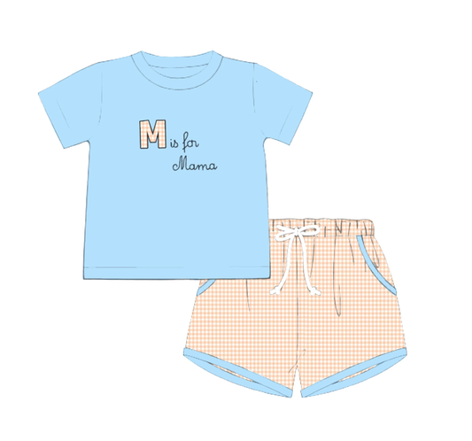 11.14 BSSO1689 Pre order No Moq Baby Boys He is My Mama Top Checked Pockets Shorts Clothes Sets
