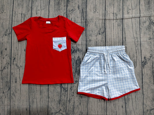 4.1 BSSO1692 Sample No Moq Baby Boys Strawberry Top Checked Pockets Shorts Clothes Sets Preorder