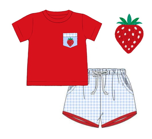 11.14 BSSO1692 Pre order No Moq Baby Boys Strawberry Top Checked Pockets Shorts Clothes Sets