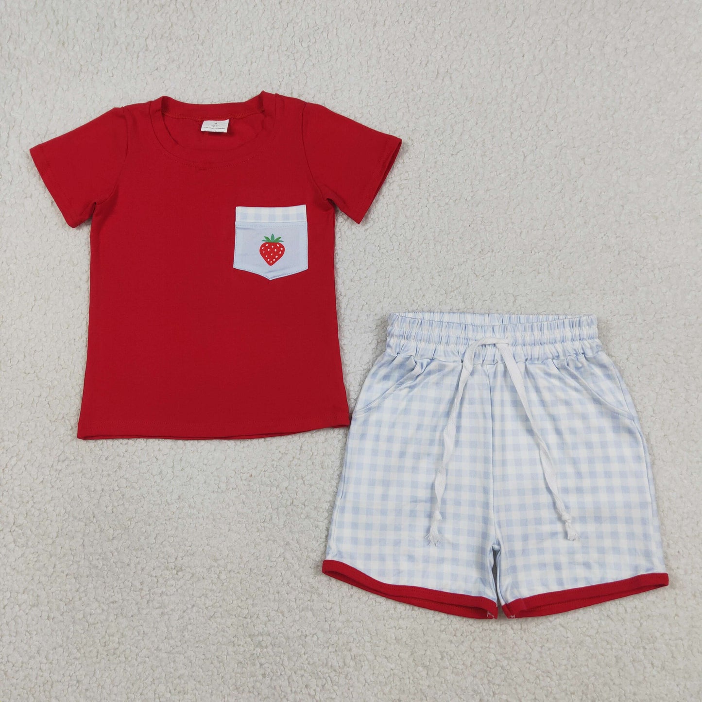 BSSO1692 RTS NO MOQ （In stock ）Short sleeves strawberry pocket top plaid shorts boys outfits