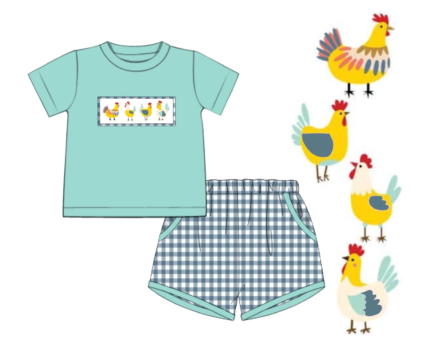 11.14 BSSO1693 Pre order No Moq Baby Farm Chicks Top Checked Pockets Shorts Clothes Sets