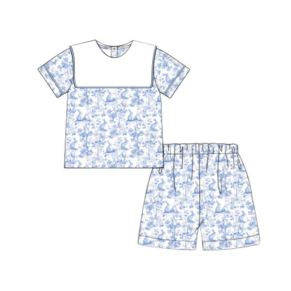 11.14 BSSO1694 Pre order No Moq Baby Boys Blue Flowers Rabbits Top Shorts Easter Clothes Sets