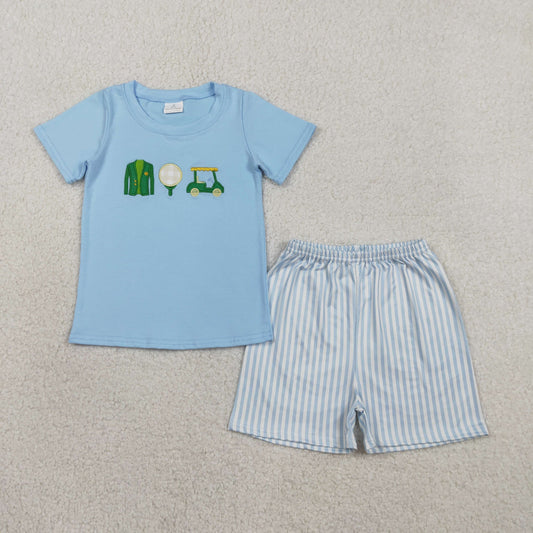 1.27 RTS NO MOQ （In stock）BSSO1696 Embroidery Golf Trucks Baby Boys Shirts Top Stripe Shorts Clothes Sets