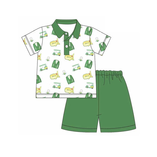 11.18 BSSO1697 Pre order No Moq Baby Boys Green Golf Trucks Button Polo Shirts Shorts Clothes Sets