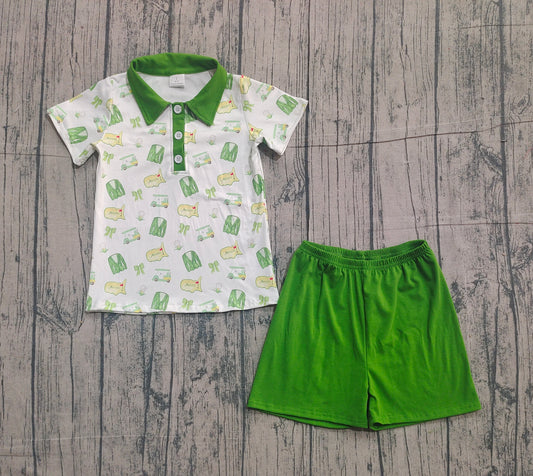 12.25 BSSO1697 Sample No Moq Baby Boys Green Golf Trucks Button Polo Shirts Shorts Clothes Sets