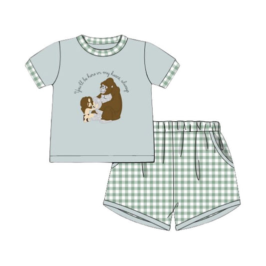 11.19 BSSO1702 Pre order No Moq Baby Boys Monkeys Top Green Checked Pockets Shorts Clothes Sets