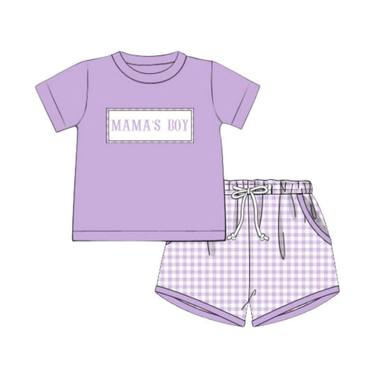 11.19 BSSO1703 Pre order No Moq Baby Boys Lavender Mama's Boy Top Pockets Checked Shorts Clothes Sets