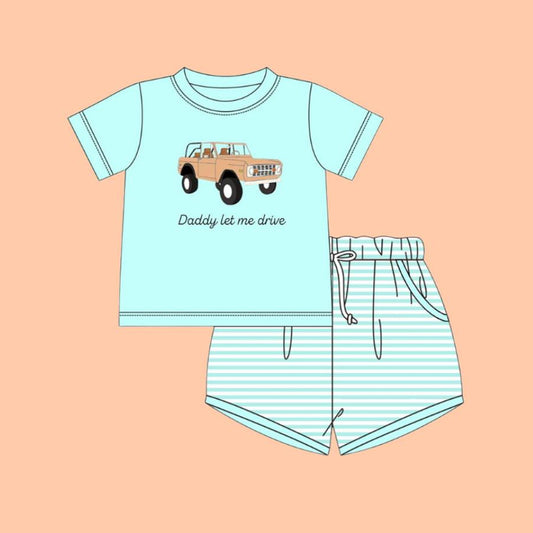 11.19 BSSO1704 Pre order No Moq Baby Boys Daddy Let Me Drive Top Pockets Stripe Shorts Clothes Sets