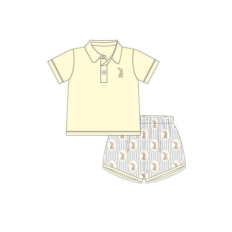 11.20 BSSO1705 Pre order No Moq Baby Boys Yellow Button Rabbits Polo Shirts Stripe Shorts Easter Clothes Sets