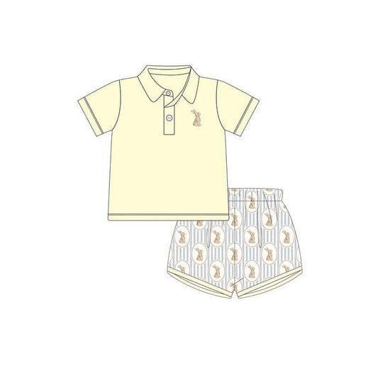 11.20 BSSO1705 Pre order No Moq Baby Boys Yellow Button Rabbits Polo Shirts Stripe Shorts Easter Clothes Sets