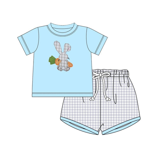 11.20 BSSO1707 Pre order No Moq Baby Boys Short Sleeve Rabbit Carrots Top Checked Shorts Easter Clothes Sets