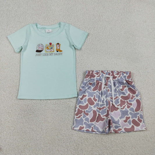 1.21 RTS NO MOQ （In stock）BSSO1710 Embroidery Just Like My Daddy Baby Boys Top Camo Pockets Shorts Clothes Sets