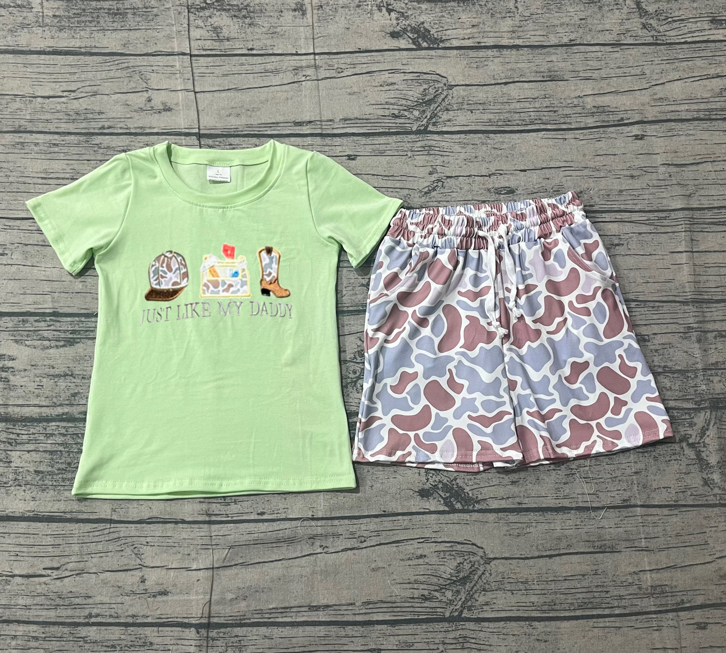 12.24 BSSO1710 Sample No Moq Embroidery Camo Boot Hats Baby Boys Top Pockets Shorts Hunting Clothes Sets