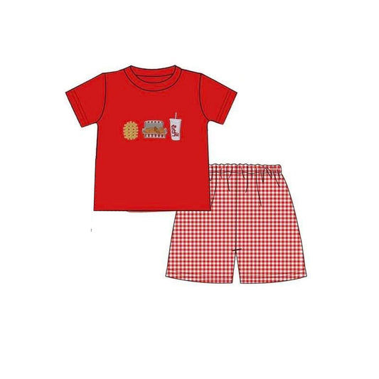 11.21 BSSO1712 Pre order No Moq Baby Boys Chicken Drink Top Red Checked Shorts Clothes Sets