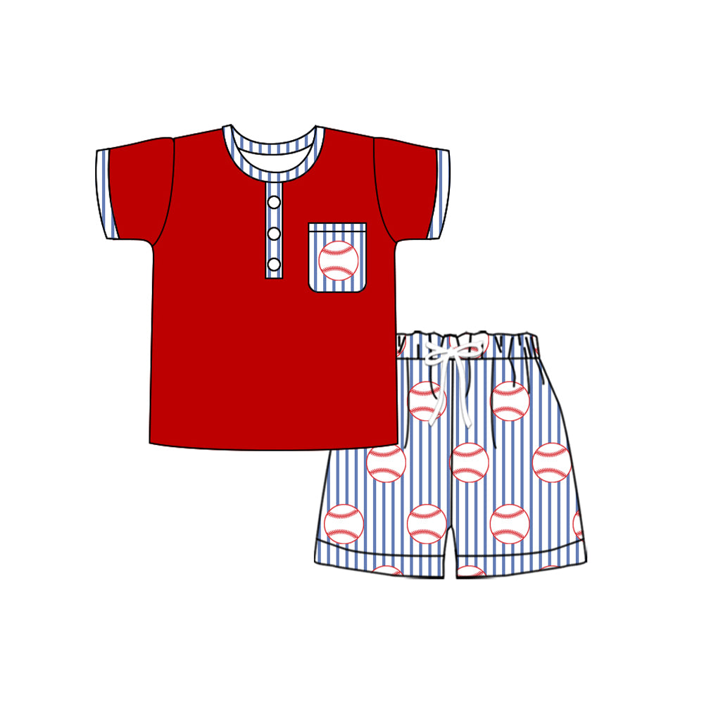 11.21 BSSO1713 Pre order No Moq Baby Boys Button Pocket Top Baseballs Stripe Shorts Team Clothes Sets