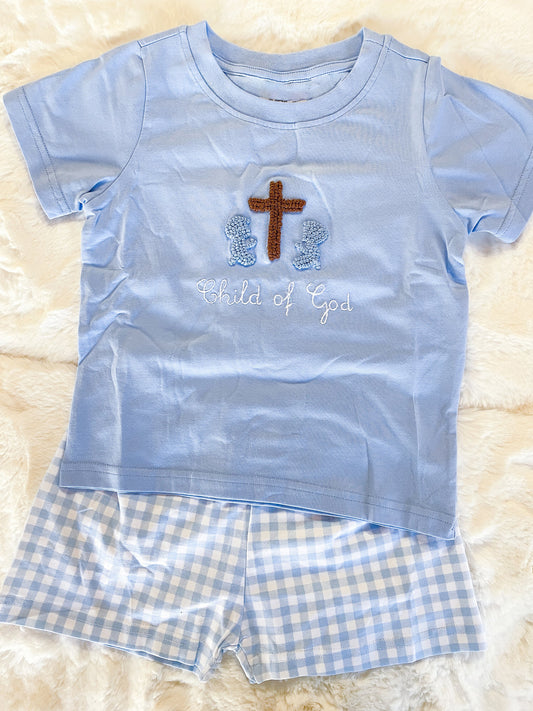 11.21 BSSO1714 Pre order No Moq Baby Boys Child of God Cross Top Checked Shorts Easter Clothes Sets