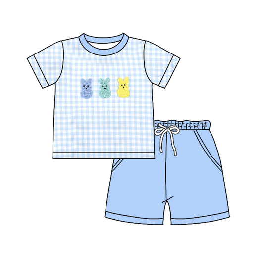 11.21 BSSO1715 Pre order No Moq Baby Boys Rabbits Checked Top Pockets Shorts Easter Clothes Sets