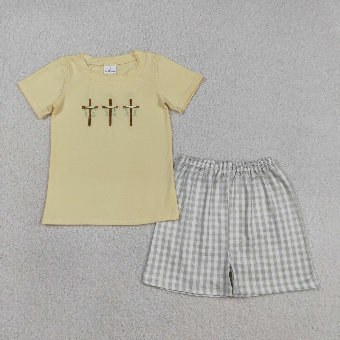 3.14 RTS NO MOQ （In stock）BSSO1717 Kids Clothing for Baby Boys Embroidery Short Sleeve Crosses Top Checked Shorts Easter Clothes Sets