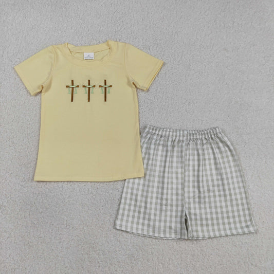 3.14 RTS NO MOQ （In stock）BSSO1717 Kids Clothing for Baby Boys Embroidery Short Sleeve Crosses Top Checked Shorts Easter Clothes Sets