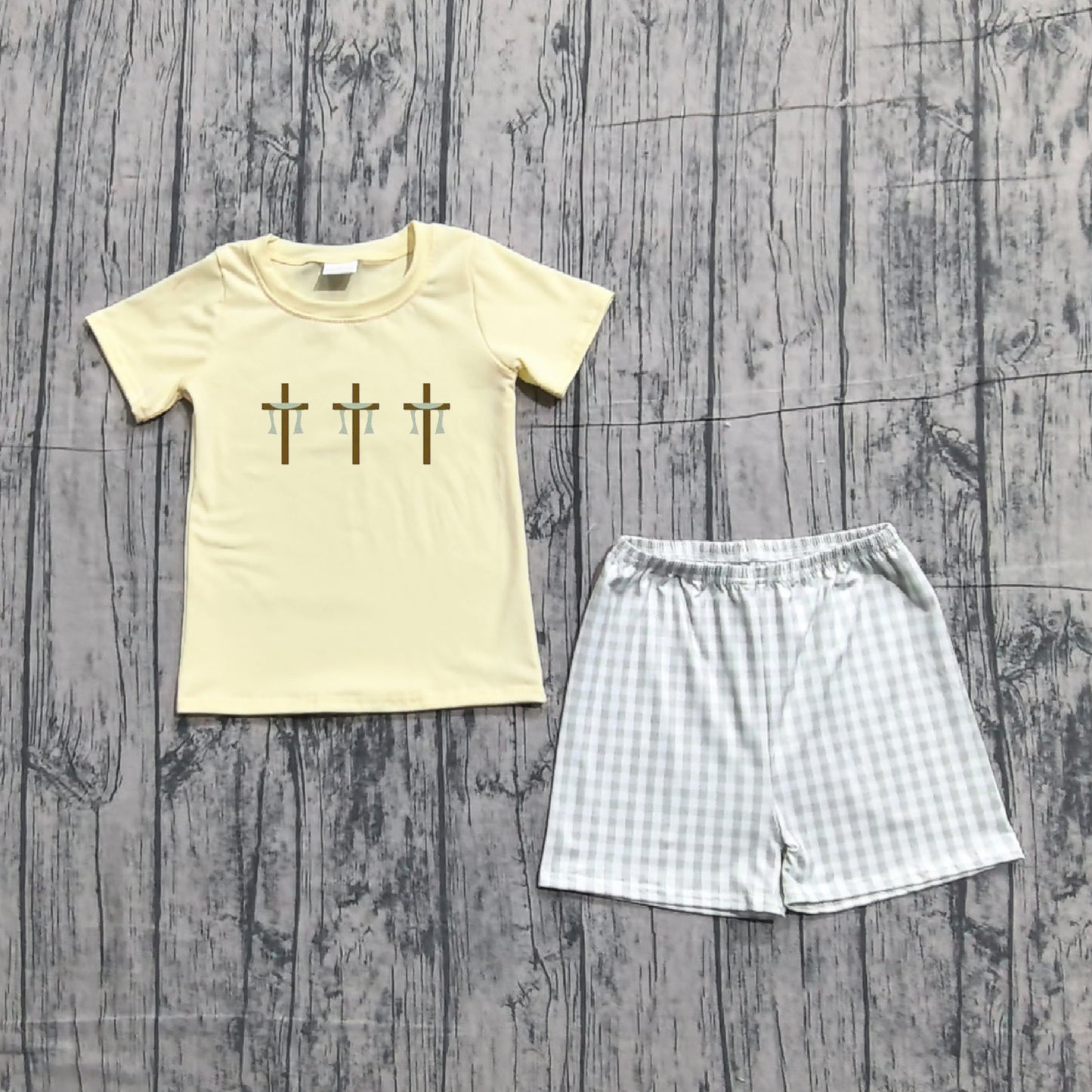 1.12 BSSO1717 Sample No Moq Embroidery Baby Boys Crosses Top Checked Shorts Easter Clothes Sets