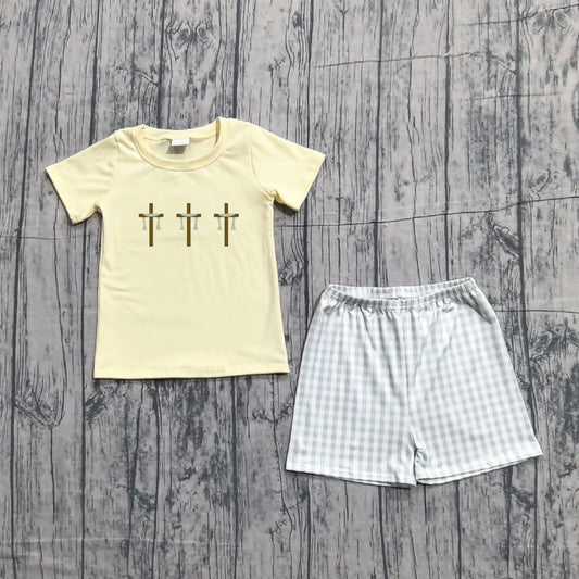 1.12 BSSO1717 Sample No Moq Embroidery Baby Boys Crosses Top Checked Shorts Easter Clothes Sets