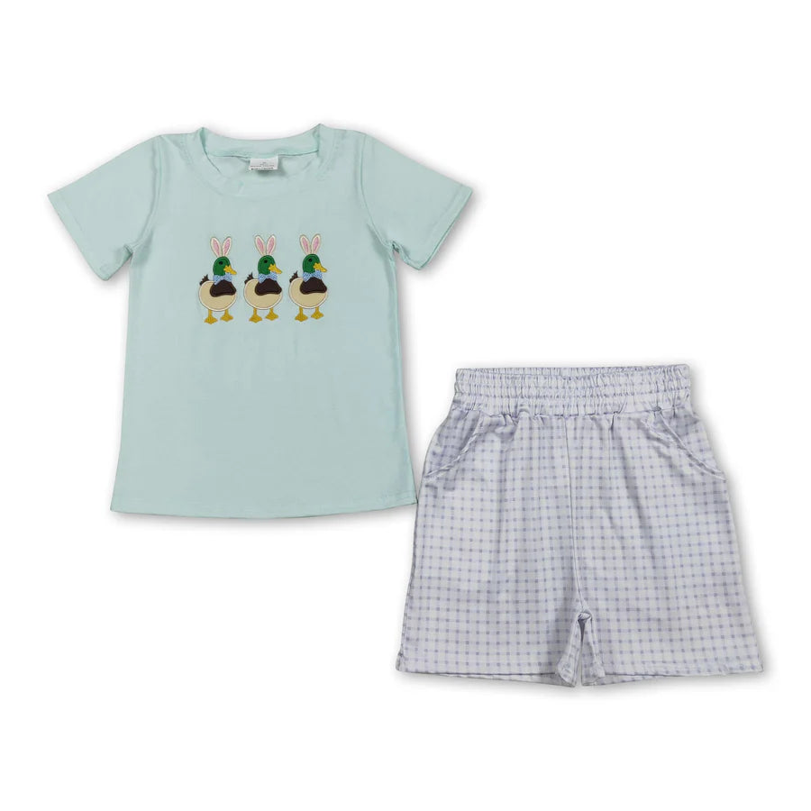 RTS Sibling Short sleeves duck rabbit embroidery kids boys Easter outfits and romper