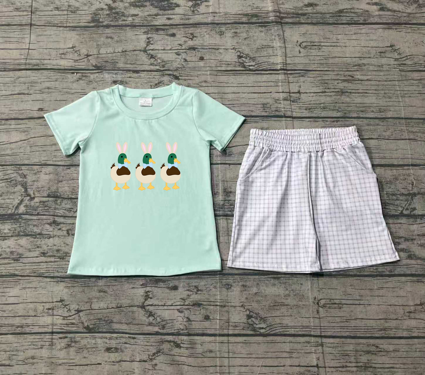 1.5 BSSO1719 Sample No Moq Embroidery Rabbits Ducks Baby Boys Checked Pockets Shorts Easter Clothes Sets