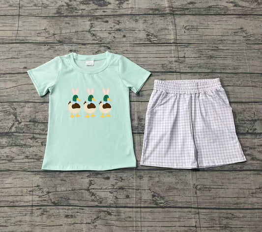 1.5 BSSO1719 Sample No Moq Embroidery Rabbits Ducks Baby Boys Checked Pockets Shorts Easter Clothes Sets