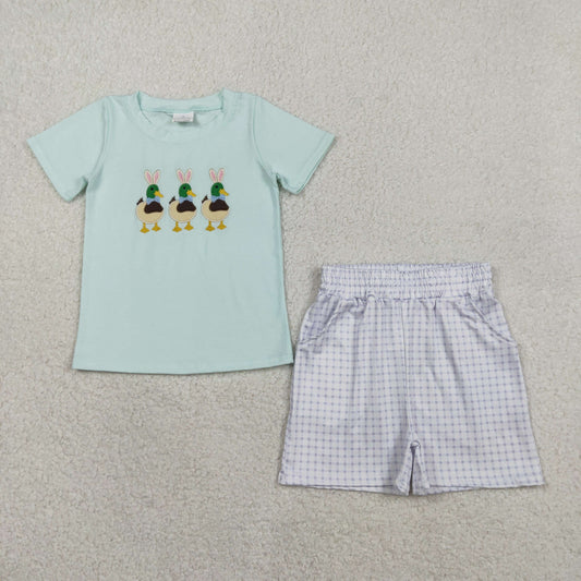 1.28 RTS NO MOQ （In stock）BSSO1719 Embroidery Rabbit Ducks Baby Boys Checked Pockets Short Easter Hunting Sets