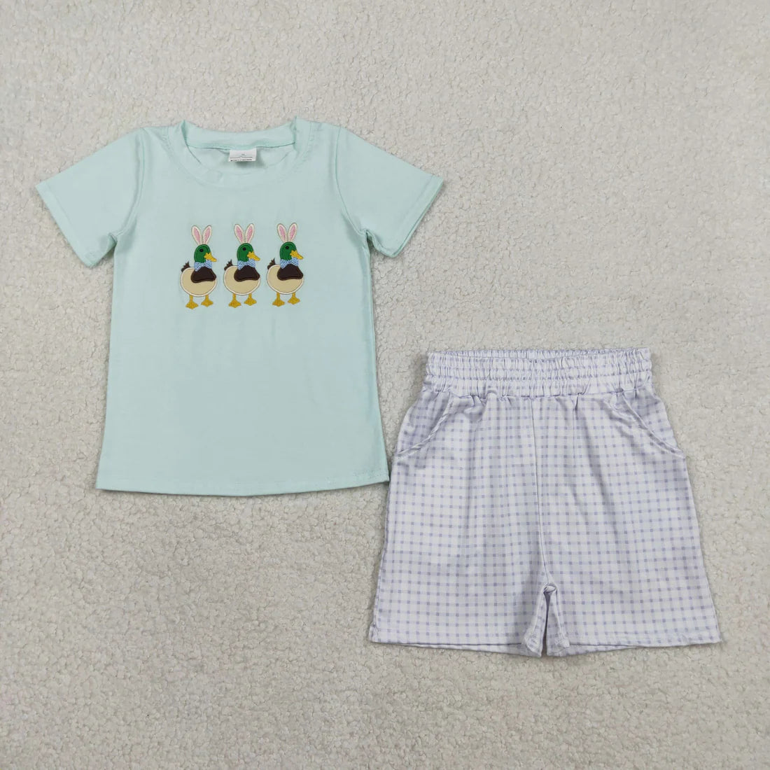3.26 RTS Sibling Baby Boys Blue Embroidery Bunny Ducks Top Pockets Short Hunting Clothes Set Rompers