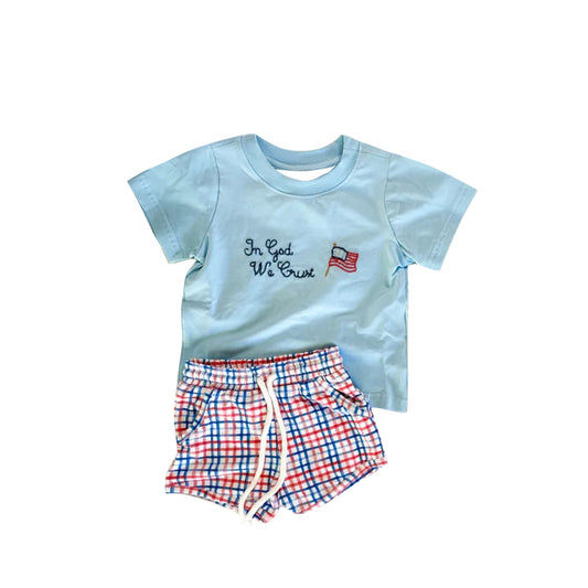 11.24 BSSO1726 Pre order No Baby Boys Flags Top Checked Pockets Shorts 4th of July Clothes Sets