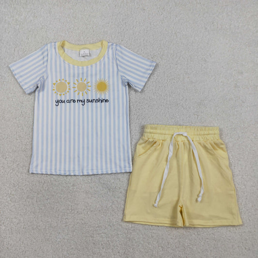 2.4 RTS NO MOQ （In stock）BSSO1734 Baby Boys Stripe You are My Sunshine Top Pockets Shorts Clothes Sets