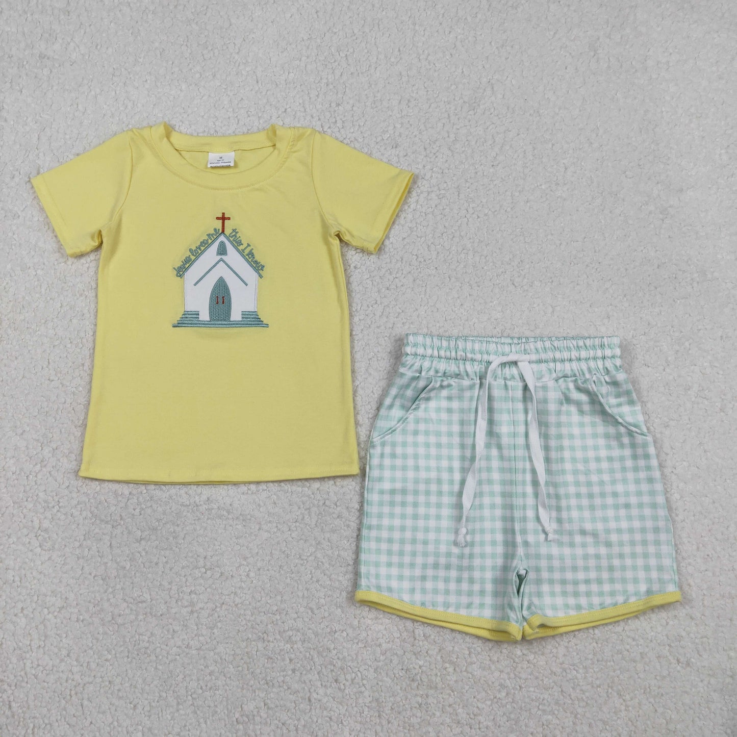 1.6 RTS NO MOQ （In stock）BSSO1740 Embroidery Church Crosses Baby Boys Checked Pockets Shorts Easter Clothes Sets