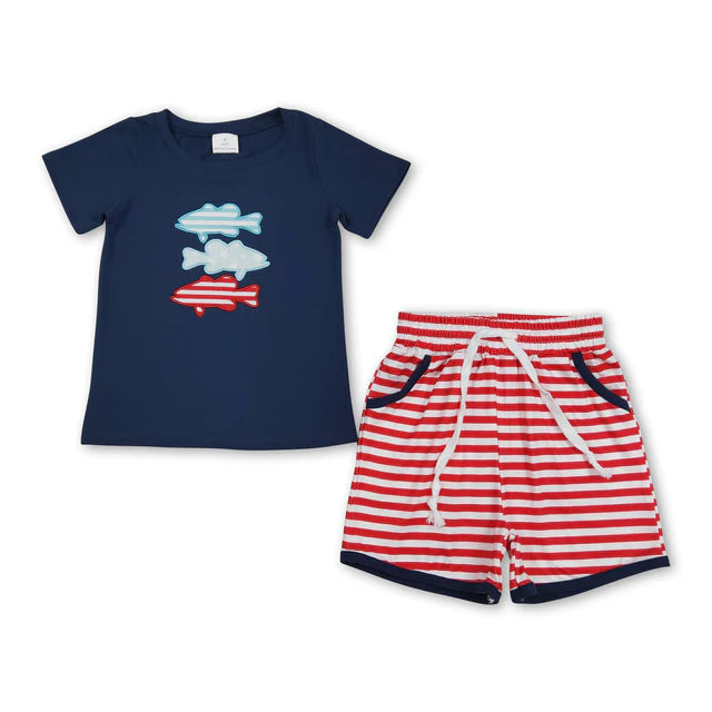 RTS Sibling Blue  top stripe shorts boys 4th of july outfits