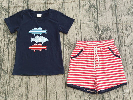 1.12 BSSO1741 Sample No Moq Embroidery Fishes Baby Boys Top Stripe Pockets Shorts 4th of July Clothes Sets