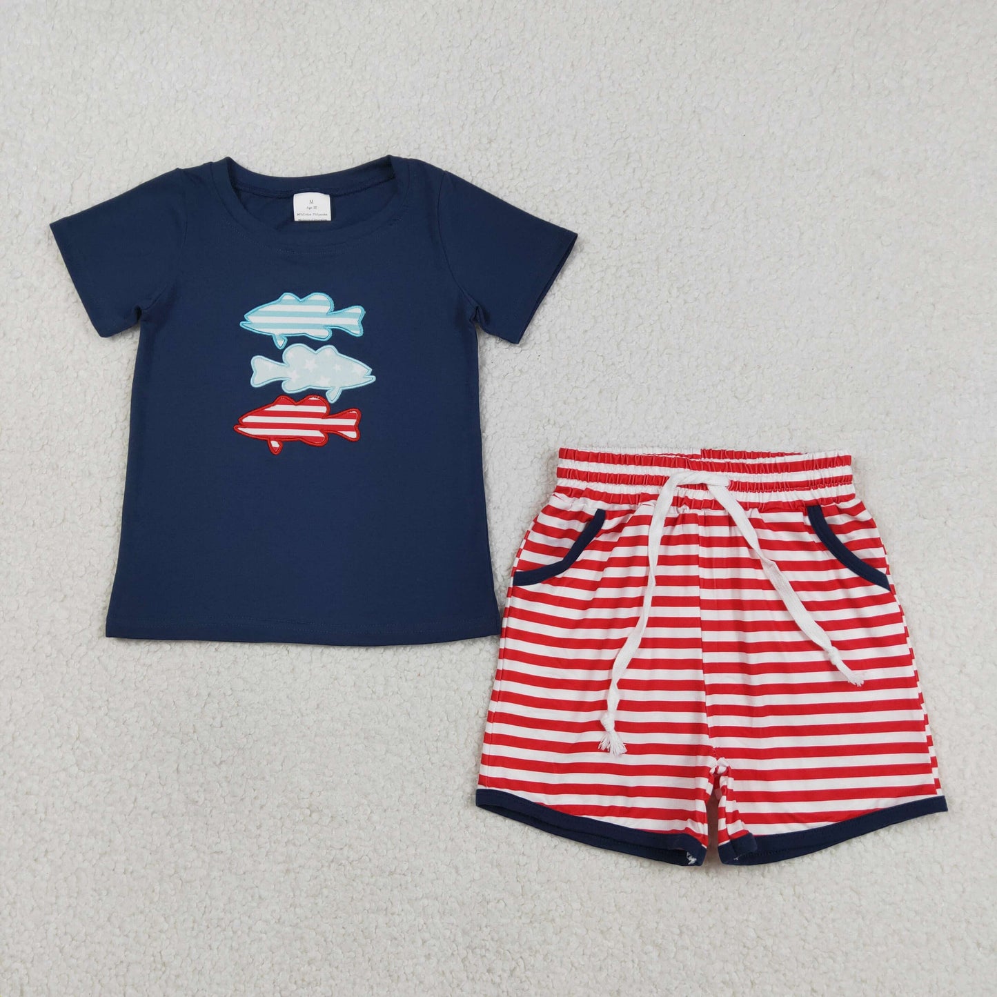 3.14 RTS NO MOQ （In stock）BSSO1741 Fashion Clothing For Baby Boys Embroidery Fishes Top Stripe Pockets Shorts 4th of July Clothes Sets